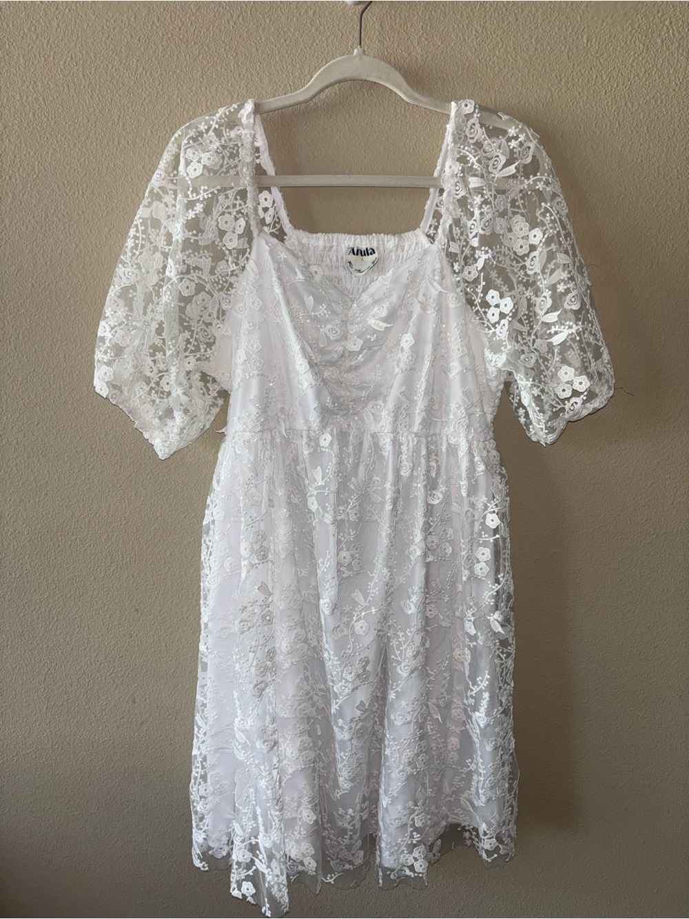 ARULA White Lace Puff Sleeve Mini Dress